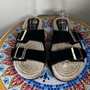 Haute Hippie Nikki Womens Sz 8 M Black Suede Leather Slide Sandals Gold Buckles
